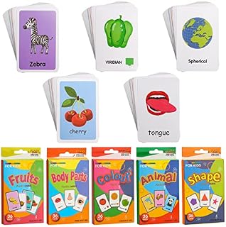 180 Pieces Educational Flash Cards, 5 Pack Preschool Learning Flash Cards, Animals Colour Shape Fruits Body Parts Flash Cards for Toddlers Kids Children Baby Early Learning Flashcards (36Pcs/Pack)