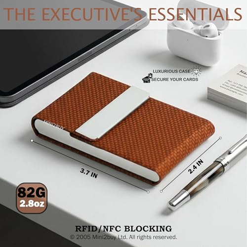 Image of MINI2BUY Customized Business Card Holder for Man&Women Metal Classy Visiting Card Holder for Pocket PU Leather Wallet Slim Cards Case with Metal Magnetic Clasp 20 Cards (6X9.5Cm Brown)