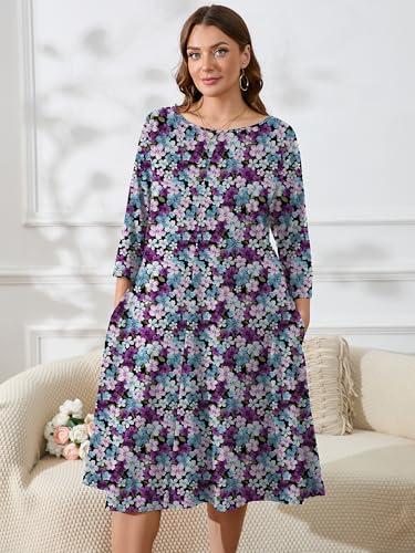 Image of AusLook Women's Plus Midi Dresses Crew Neck A Line 3 /4 Sleeves Casual Elegant Loose Wedding Vacation Dress with Pockets