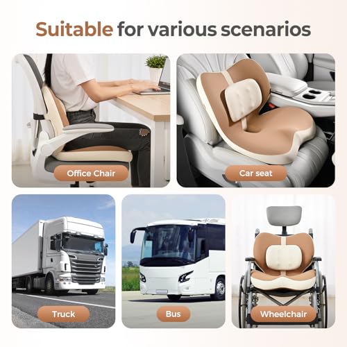 Image of FLORICH 2 in1 Truck Seat Cushion and Lumbar Support Pillow Memory Foam Car Seat Cushion with Adjustable Strap for Truck Driver Long Drives, Fits Semi Truck Seat,Car,Office&Gaming Chair(Light Brown)