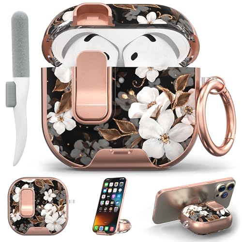 Image of for AirPods 4 Case 2025 with Safety Lock & Foldable Phone Stand, Flower | Double Drop Protection,Two-Piece Design, Airpod 4 Case with Keychain & Cleaner Kit, Support Wireless Charging, Shockproof