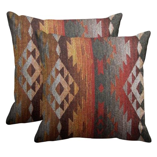 Emvency Set of 2 Aztec Throw Pillow Cover 16x16 Inches Decorative Pillowcase Navajo Orange Red Grey Tribal Decor Rectangle Pillow Cover with Hidden Zipper for Bedroom Sofa
