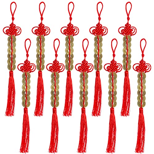 Miayon 10 Pieces Chinese Knot Red String Feng Shui Charm Vintage I-Ching Lucky Coin New Year Decorations Car Hanging Decoration Chinese Amulet for Family and Friends for Health and Wealth