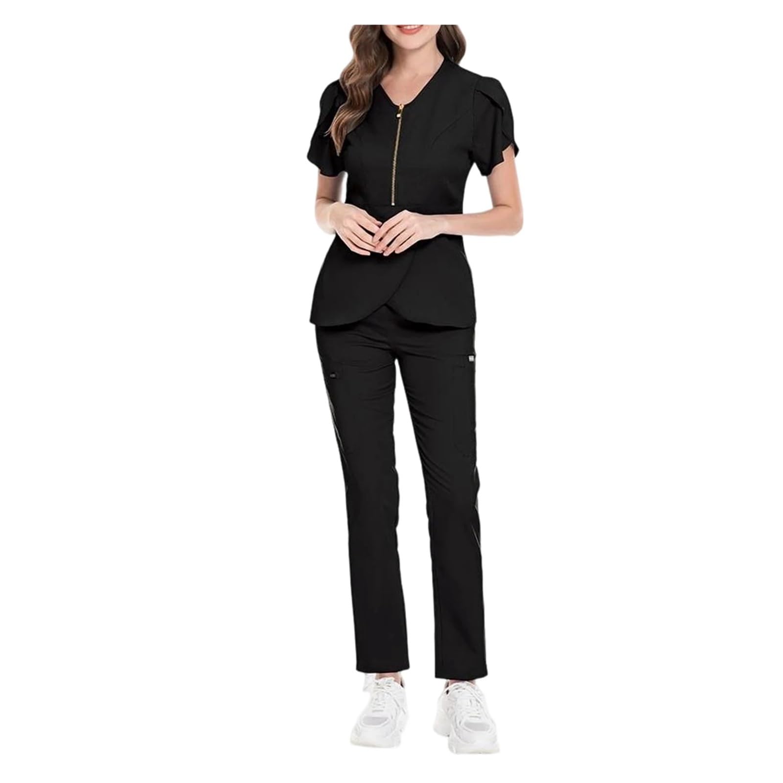 Kasacks Damen Pflege Damen-Krankenschwester-Bekleidungsset, V-Ausschnitt, kurze Ärmel, Reißverschluss, Rüschen, mehrfarbig, lange Hosen, medizinische Uniform, Arbeitskleidung for das Gesundheitswesen