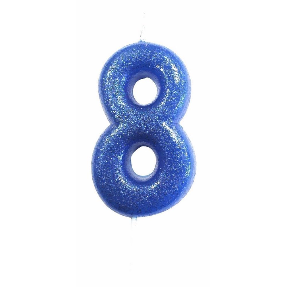 Anniversary House Colourful Blue Glitter Number 8 Cake Candle for Birthday and Anniversary Decorations - Elegant Birthday Candle for Cake - Stylish Silver Number Candle Topper 7 cm