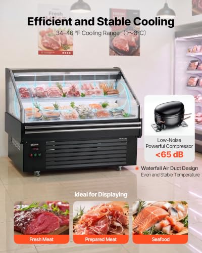 Image of VEVOR Open Air Merchandiser, 4.6 cu. ft. Shelving Commercial Refrigerator, Grab and Go Fan Cooling Display Cooler, with LED Lighting, Night Curtain, Horizontal for Restaurants, Stores, Office