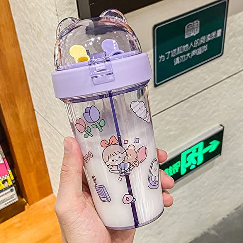NCDUANSAN 420ML Kawaii Water Cup Cute Girl Double Straw Outdoor Double Bottle Portable Plastic Straw Drinking Bottle (purple)