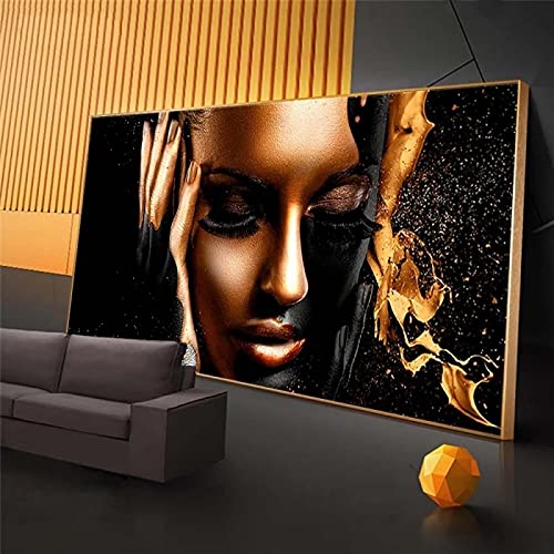 Art mural africain peinture toile femme noir or 90x180cm affiche decorative sans cadre
