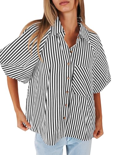 Tankaneo Womens Short Puff Sleeve Button Down Shirts Striped Trendy Casual Loose Fit Blouse V Neck Collared Tops2