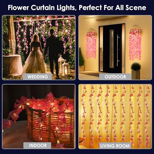 Image of Gesto Pink Artificial Flower Curtain LED String Lights - 200 LED Warm White Fairy Lights with 8 Modes | AC Plug Mesh Curtain Lights for Balcony, Bedroom,Home,Diwali Decoration Hanging Lights (10x3 Ft)