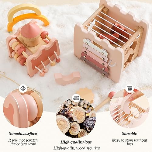 Promise Babe Montessori Spielzeug Baby Holzspielzeug,5 in 1 Rosa Schloss Lernspielzeug Motorikwürfel Sensorik Motorikspielzeug Activity Würfel Motorikschleife Geschenk Baby Mädchen Aktivitätswürfel 3+