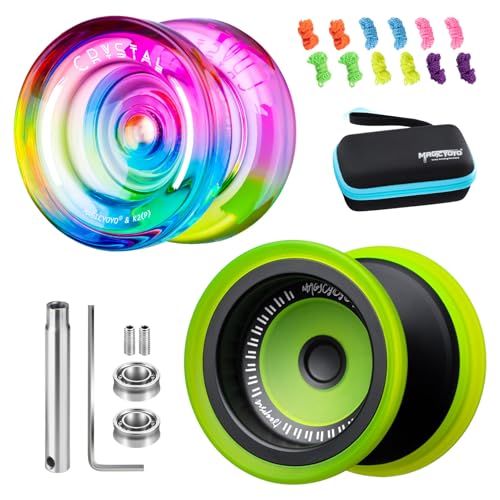 MAGICYOYO Responsive Yoyo for Kids 8-12, Pack of 2 Yoyos, Professional FingerSpin Trick for Advanced, Dual Purpose Metal Yo-yo V13+Crystal Yo yo K2 with Unresponsive Bearing+12 Yoyo Strings+Bag