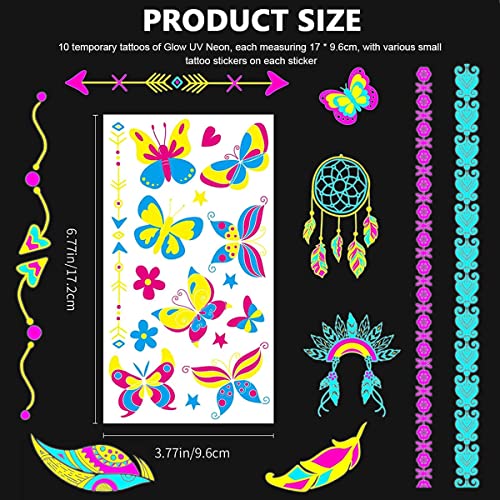 MAYCREATE® 10 Sheets Temporary Tattoo Stickers Night Glow in the Dark Sticker, 80+ Styles Waterproof UV Neon Stickers, Body Face Fake Tattoos for Women Men Kids Rave Festival Party - Image 2