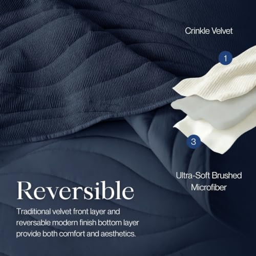 Image of DOWN HOME Crinkle Textured Velvet Quilt Set with Shams, All-Season Luxury Modern Bedding,Easy Care Comforter,Ultra-Soft,Lightweight & Breathable, Queen, Imperial Blue