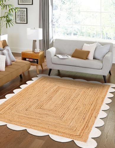 Aizza Trends Alfombra trenzada de yute natural con borde blanco festoneado de 152 cm x 213 cm, para sala de estar, dormitorio, comedor, pasillos y entradas