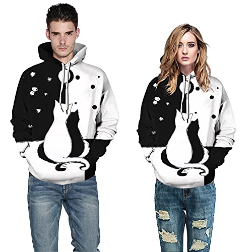 Pull couple Halloween avec capuche et imprimé chat noir 3D - 3