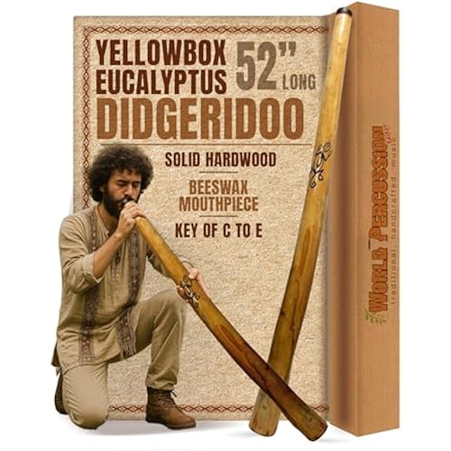 Eucalyptus Yellowbox Didgeridoo - 52" Long, Hand Finished, Beeswax Mouthpiece, Key of C-E, Durable Natural Finish by World Percussion USA