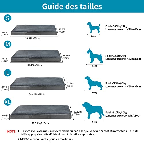 Nepfaivy Cama para Perros Grandes Impermeable - Cama Ortopedica para Perros Desenfundable, Colchoneta para Perro Grande Lavable, Sofa para Perros, Cojin para Perro, XL(105cm*70cm) 4 🐾【Soporte】Esta cama ortopédica para perro grande está diseñada con espuma duradera y densa que no se aplana inmediatamente ni pierde su forma con facilidad. La cama para perro grande se ajusta al cuerpo de su perro, ayudando a aliviar los puntos de presión y proporciona soporte para las articulaciones y la columna vertebral, y se recuperará rápidamente después de cada uso. Los perros de cualquier edad se benefician de la amortiguación adicional que proporciona una cama de espuma densa.
🐾【Cómoda】Esta cama para perros grandes está recubierta con tres capas. Una tela de piel sintética de felpa en la parte superior que proporciona un área de descanso suave y cómoda para los perros. La capa intermedia es un nylon Oxford duradero para garantizar el uso a largo plazo. Y hemos hecho la tercera capa especialmente resistente al agua para proteger el colchón interior de espuma de manchas y olores. Es especialmente ideal para perros mayores y cachorros propensos a los accidentes.
🐾【Guía de tallas】 Esta cama para perros mide 105cm*70cm*7.8cm, es adecuada para perros que pesen menos de 42kg/93lbs, con una longitud corporal inferior a 97cm/38in. Es importante comprobar tanto el peso recomendado de la cama, así como sus dimensiones, y es mejor que mida a su perro de la nariz a la cola para asegurarse de que su perro quepa en ella cómodamente.
