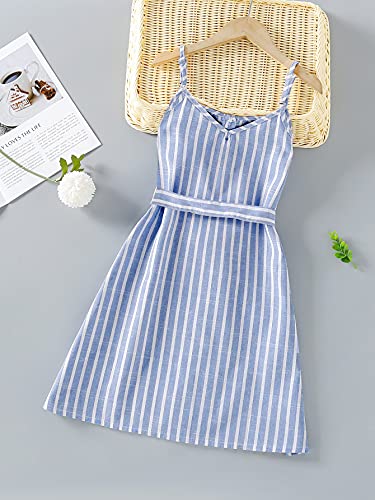 Romwe Girl's Cute Striped Spaghetti Strap Button Front Belted Summer Cami Dress Blue And White 160 #TOP1