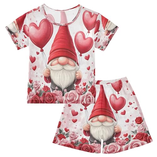 ALAZA Gnomes Rose Flower Balloon Valentines Pajamas Set Short Sleeve Cotton Sleepwear Summer Pjs 2 Piece 5-14Y