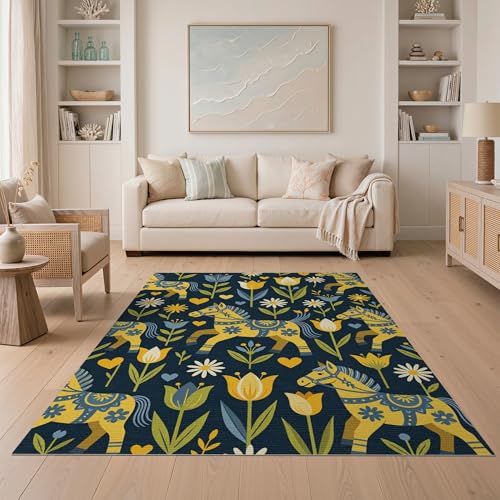 Design&I 5x7 Scandinavian Machine Washable Area Rug, Non-Slip Blue Durable Carpet, Ideal for for Dining Room, Small Living Room, Bedroom, Low-Pile | Design:[1500750]