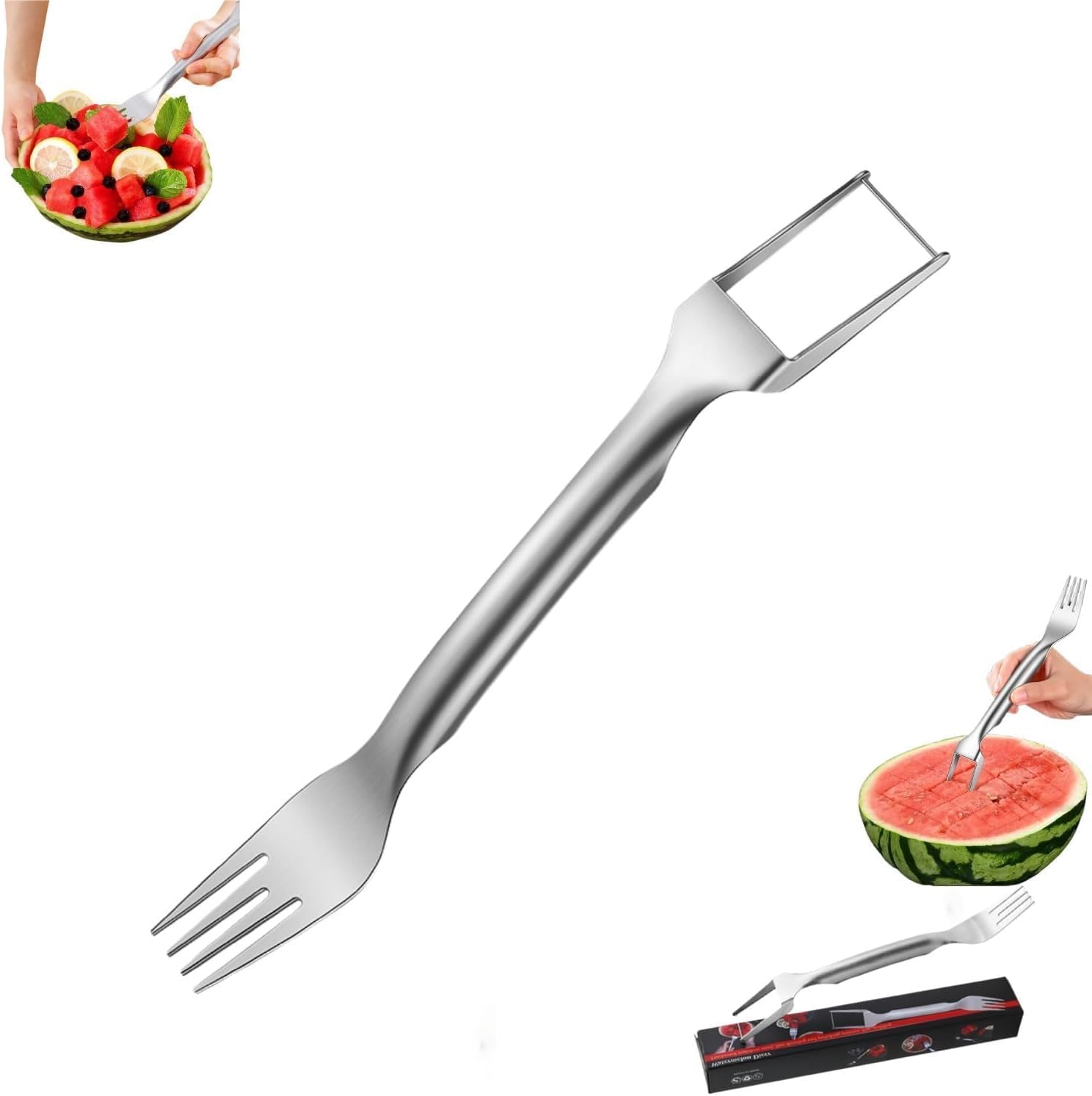 1 Pcs 2-in-1 Stainless Steel Fruit Cutter, Watermelon Slicer Cutter, Watermelon Fork Slicer Cutter Slicer Tool, Dual Head Fruit Forks Slicer Knife for Home Kitchen Gadget, 0.01, Silver