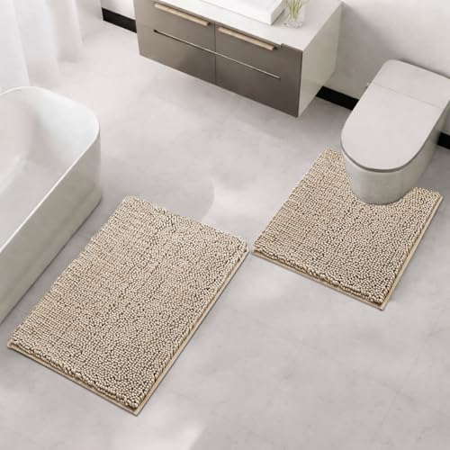 Image of LUXEHOME International Microfibre Chenille Contour Bath Mat Set for Bathroom, Anti Slip Super Absorbent Quick Dry Washable Bathroom Mats, Solid (Beige 40x60cm & 47x47cm) Pack of 2