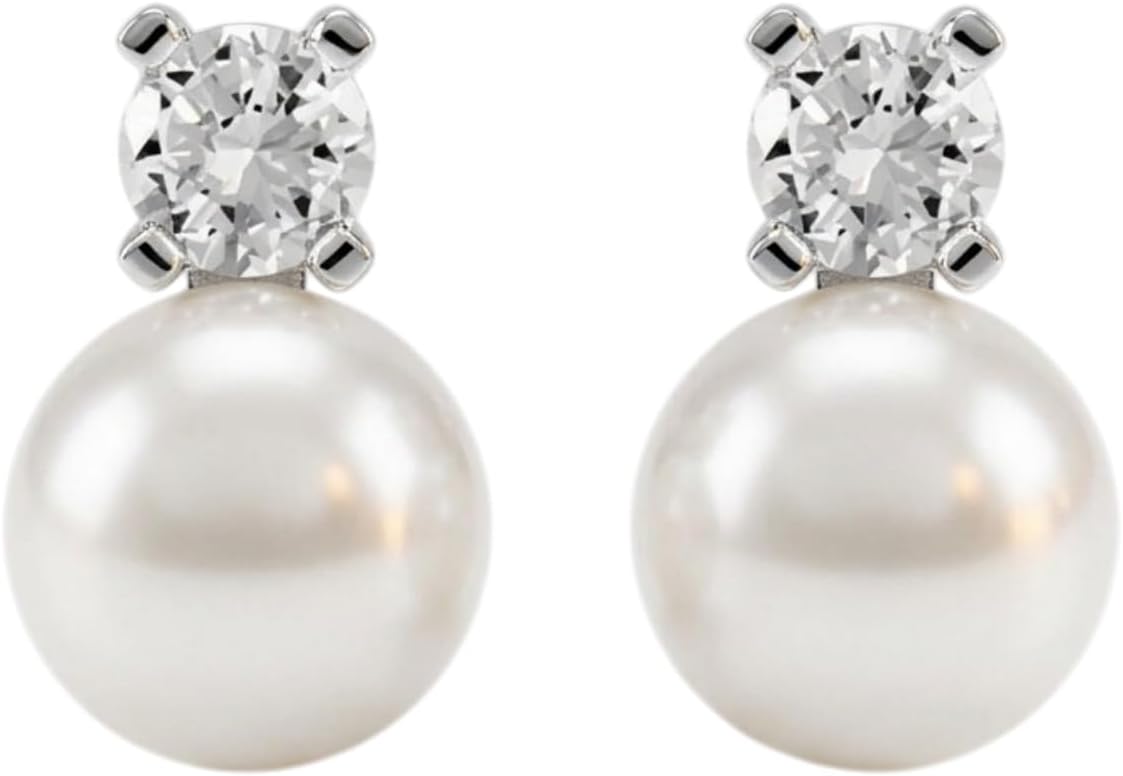 Sterling Silver 7-7.5MM Cultured White Freshwater Pearl 4mm CZ Studs Earrings, One Size, Sterling Silver Pearl