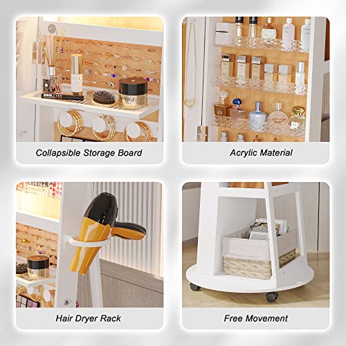 Image of HNEBC 360 Swivel Jewelry Armoire with Mirror, LED Mirror Jewelry Cabinet Standing, Full Length Mirror with Jewelry Storage, Standing Jewelry Organizer /Lockable Wheels /Foldable Makeup Shelf (White)