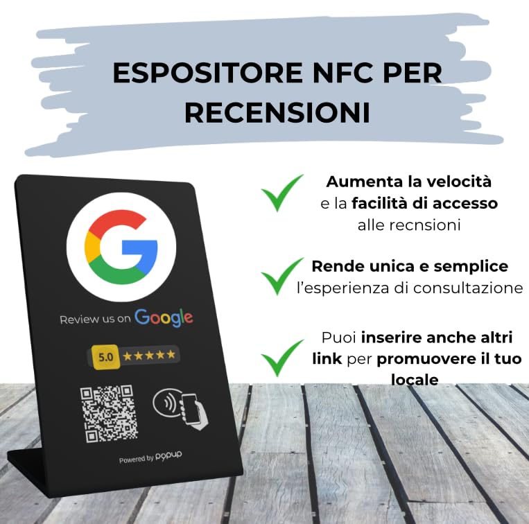 Espositore nero per Recensioni NFC e QR code PVC per aumentare Recensioni su Google, TripAdvisor, Trustpilot e altro | Compatibile con Android e IOS|