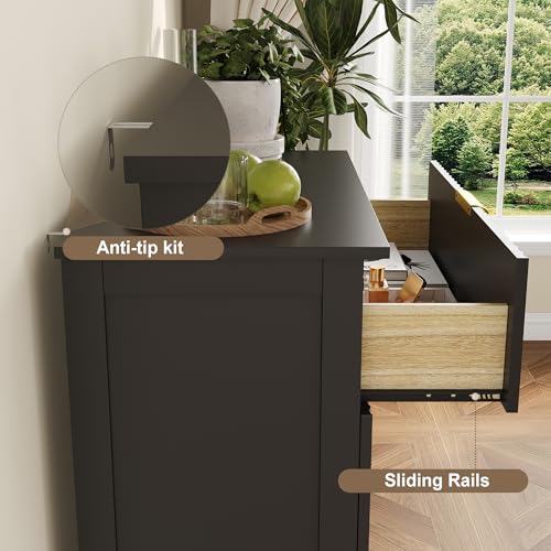 Image of Wooden 4 Drawer Dresser for Bedroom, 36.6 in Tall Fluted Dresser with Metal Handles, Modern Chest of Drawers for Bedroom, Living Room, Entryway, Black