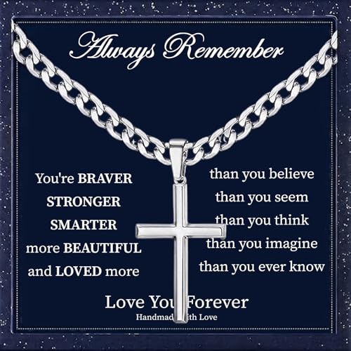 Ringcal Cross Necklace for Men with Gift Box Silver Gold Stainless Steel Cross Pendant Necklace Mens Crucifix Chain Necklace (Silver Always 24inch)