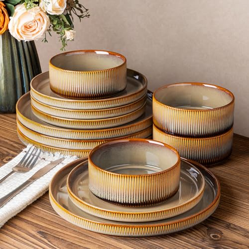 Image of TheTerra Ceramic Dinnerware Sets for 4, 12 Pieces Porcelain Lightweight Plates and Bowls Sets, Scratch Resistant Dish Set, Oven & Microwave & Dishwasher Safe, Creamy Amber