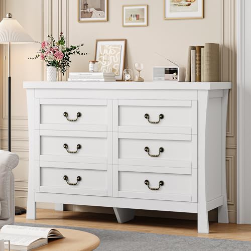 FEONASE Commode Chambre à Coucher, 6 Tiroirs Offrant Un Grand Espace De Rangement, Style Moderne en Bois Et MDF, 120x40x80cm, Blanche