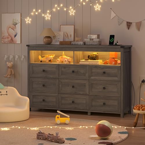Image of Wodeer 9 Drawer Dresser for Bedroom with LED Lights, Charging Station, Wood Chest of Drawers with Metal Handles, Modern TV Stand & Storage Organizer for Bedroom, Hallway, Grey
