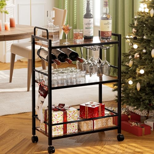 Homedawn Bar Cart, Serving Cart for Home, Microwave Cart, Drink Cart, Mobile Kitchen Shelf with Wine Rack and Glass Holder, Rolling Beverage Cart for Dining Room(Rustic Brown and Black)