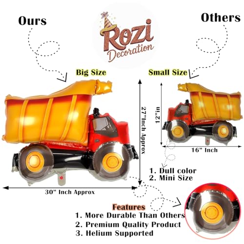 Image of Rozi Decoration Construction Vehicle Foil Balloons for Kids Birthday Party, Excavator Crane Cement Mixer Balloon Set, Aluminium Foil Balloons for Construction Theme Decorations