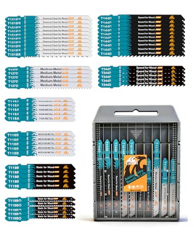 EXFEIN Lot de 50 lames de scie sauteuse assorties avec tige en T pour coupe du bois, du plastique et du métal (T118A, T118B, T127D, T119B, T119BO, T101BR,...