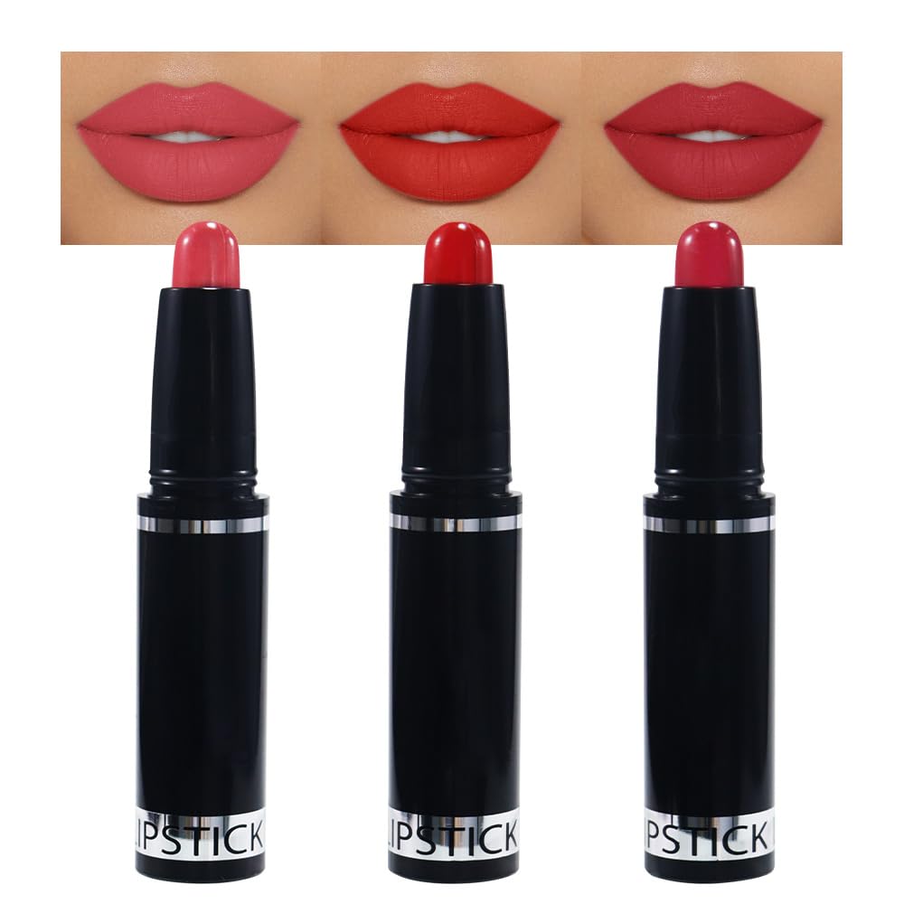 3 Pcs Matte Lipstick Crayon Pencil Set,Pink Bright Red Light to Dark Velvet Lip Stick for Women's 24 Hour Long Lasting Waterproof Lip Liner,labiales mate 24 horas originales