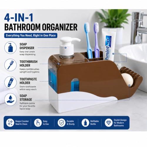 Image of FreshDcart 3-in-1 Soap Dispenser | Toothbrush Holder & Sink Organizer Stand | Multipurpose Bathroom and Kitchen Countertop Storage Caddy | Brown