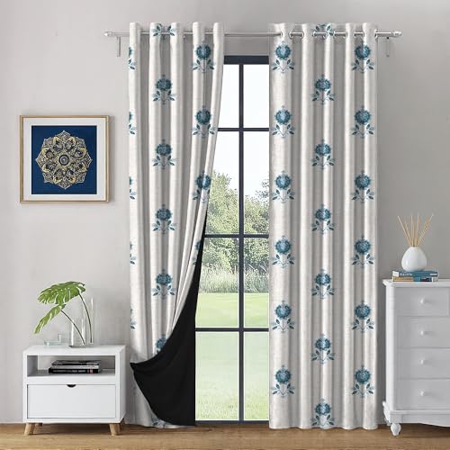 Image of LINENWALAS Printed Blackout Curtains for 7 Feet Door | Set of 2 | Printed Drapes | Thermal Insulated, Room Darkening Panels with Grommet Hanging for Living Room (Cornflower Motif)