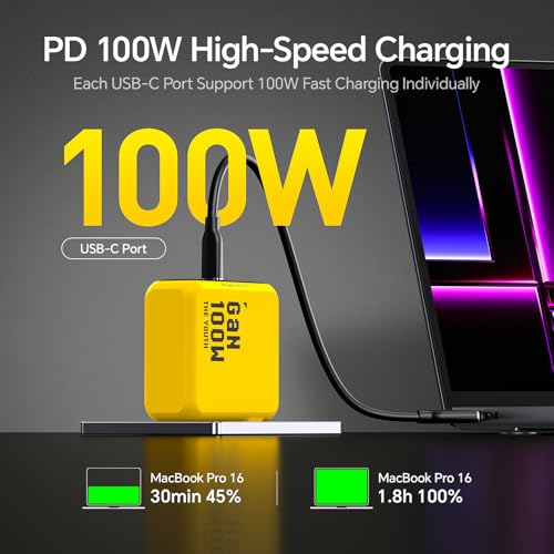 AOHI Youth 100W Gan+ USB C Wall Charger, 3-Port Laptop Fast Charger Type C Power Adapter PPS PD for MacBook Pro/Air, iPad Pro, iPhone 16/15 Pro Max, Galaxy S24 Ultra/Note, Pixel, Steam Deck, Yellow