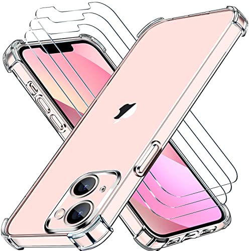 Yoowei Cover Compatible with iPhone 13 Mini [3 Pieces Tempered Glass Screen Protector], Camera Protection Shockproof Bumper TPU Soft Silicone Case - Transparent