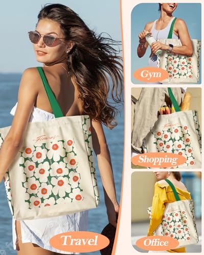 Miss Adola Aesthetic Heavy Canvas Tote Bag - with Pocket for Women Gift Large Cloth Cotton Tote Bag for Shopping, Gym, Work, Travel, Beach, Vacation, Green White Flower - Thumbnail 5