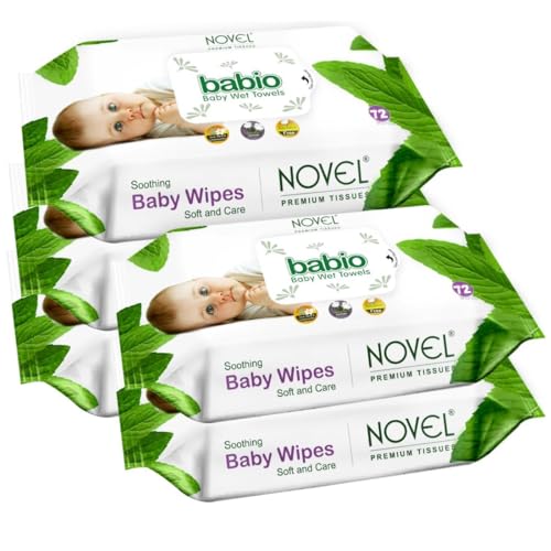 Image of Novel Baby Wet Wipes 72 Wipes x Pack of 5 (360 Wipes) | Aloe Vera, Chamomile, Jojaba Oil, Vitamin E Enriched | pH Balanced, Alcohol, Hypoallergenic & Paraben-Free | Extra Thick & Moist wet | Anti Rash Soft Gentle Baby Wipes