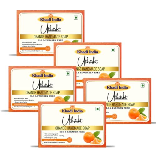 Image of Khadi Orange Handmade Bathing Soap Bar 125g (Pack of 5)|Natural & Herbal|Enriched with Vitamin C & Essential Oils | Balances Oil Production | Gently exfoliates for Glowing Skin|All Skin Types