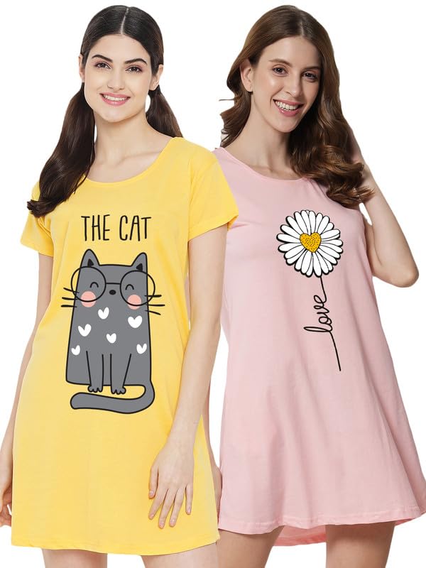 Image of Fflirtygo Women's Cotton Nighty | Printed Knee Length Night Gown |Relaxed Fit Nightwear |Short Nightdress| Long T-Shirt | Sleepwear & Casual Wear Nighty (Pack of 2)