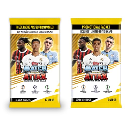 Topps Match Attax 2024/25 Season Soccer Trading Cards, Bundle: 1 Pack of 12 Cards + 1 Promotional 5-Card Pack