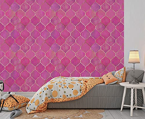 Image of DWELLSINDIA Dark Pink Moroccan Floral Tile Wallpaper for Home Decoration | Self Adhesive Peel & Stick, Thick Textured Premium Paper | Waterproof, Scratch Resistant | Bedroom & Living Room | 41x244 cm