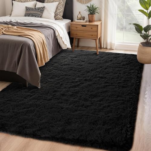 Image of Carpet for Hallway, Kitchen, and Modern InteriorsCarpetCozy Shag Runner for Living Room, Bedroom & Office Decor ETC Size 5x7 feet, Patten-Solid Black